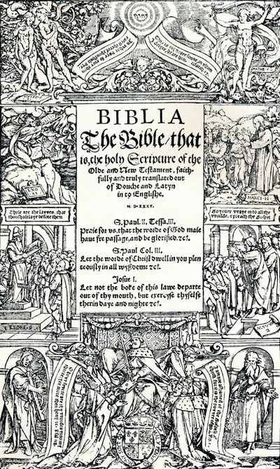 Coverdalesin englanninkielisen Raamatun otsikkosivu, 1535 tekijältä Hans Holbein der Jüngere