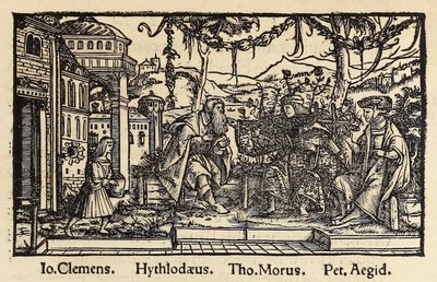 Sir Thomas Moren (1478-1535) Baselissa julkaistu puupiirros vuodelta 1518, kolmas painos Utopiasta, jossa kirjailija keskustelee päähenkilön Raphael Hythlodayn kanssa ihanteellisesta yhteiskunnasta, jonka hän löysi Utopian saarelta. Hans Holbein nuoremman  tekijältä Hans Holbein der Jüngere