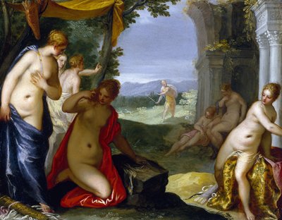 Diana ja Actaeon, n. 1596-1606 (öljy kuparille) tekijältä Hans I or Johann Rottenhammer