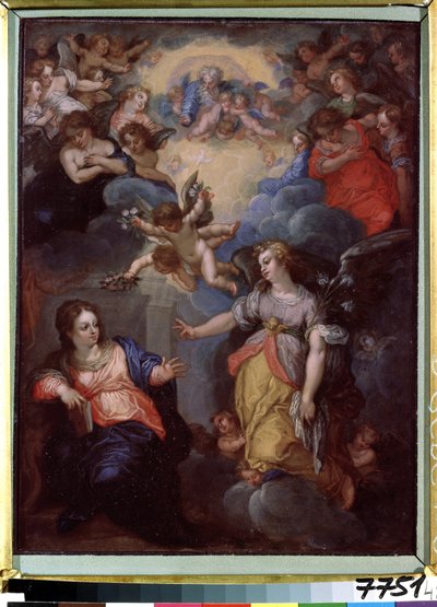 Ilmoitus. Hans Rottenhammer Groinin (1564-1625) maalaus. Öljy kuparille, 37 x 21 cm. Saksalainen taide, manierismi. Latvian tasavallan ulkomaantaiteen valtionmuseo, Riika (Latvia). tekijältä Hans I or Johann Rottenhammer