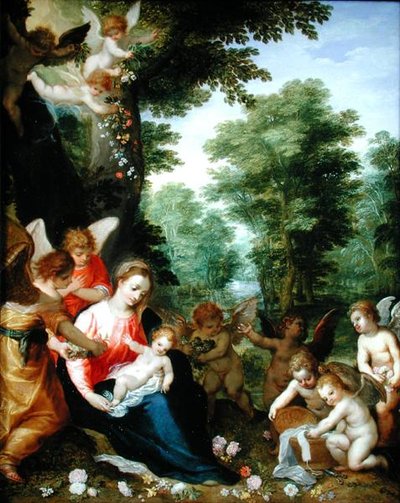 Madonna ja lapsi enkelien kanssa maisemassa (öljy kuparilla) tekijältä Hans I or Johann Rottenhammer