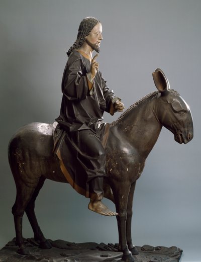 Kristus aasilla, n. 1498, Hans Klocker (toimii noin 1478-1500), monivärinen puinen patsas, Italia tekijältä Hans Klocker