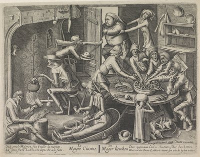 laiha keittiö Le Maigre Cuisine / The Skinny Keucken (otsikko esineessä) Laiha keittiö ja rasvainen keittiö (sarjan nimi) tekijältä Hans Liefrinck (I) (possibly)