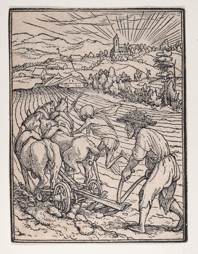 Talonpoika tai kyntäjä, Kuolemantanssista, n. 1526, julkaistu 1538. tekijältä Hans Lützelburger