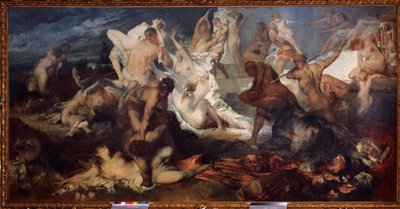 Kentaurien ja lapihien tai lapilaisten taistelu (kentaurien ja lapihien taistelu). Kreikkalaisessa mytologiassa lapithit murhasivat kentaurit. Hans Makartin (1840-1884) maalaus. Öljy kankaalle. Itävaltalainen art nouveau -kausi. Valtion museo F tekijältä Hans Makart
