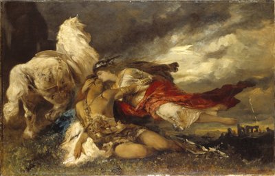 Valkyrie et un heros mourant - Valkyrie and a Dying Hero, kirjoittanut Makart, Hans (1840-1884). Öljy kankaalle. Mitat: 130x200 cm. Tukholman kansallismuseo tekijältä Hans Makart