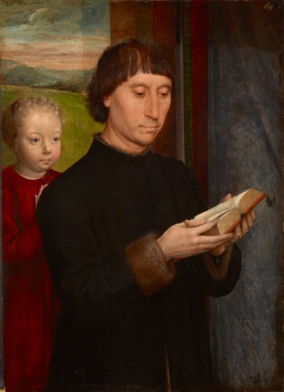 Homme en priere avec son fils defunt - Rukoileva mies kuolleen poikansa kanssa, kirjoittanut Memling, Hans (1433/40-1494). Öljy puulle tekijältä Hans Memling