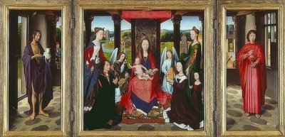 Neitsyt lapsen ja pyhien kanssa (Donnen triptyykki). Noin 1478 tekijältä Hans Memling