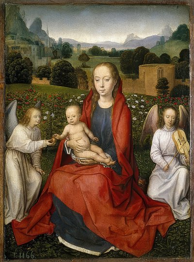 Madonna lapsen ja kahden enkelin kanssa. 1480-90 tekijältä Hans Memling