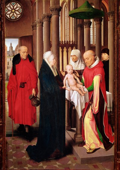 Esitys temppelissä. Oikea paneeli Taikaiden palvonnan triptyykistä (Detrempe puulla, n. 1470) tekijältä Hans Memling