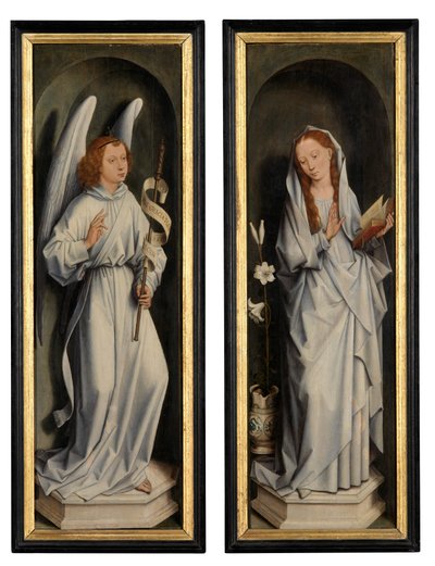 Takapuoli siipiparista, jossa näkyy ilmestys (öljy paneelissa) tekijältä Hans Memling