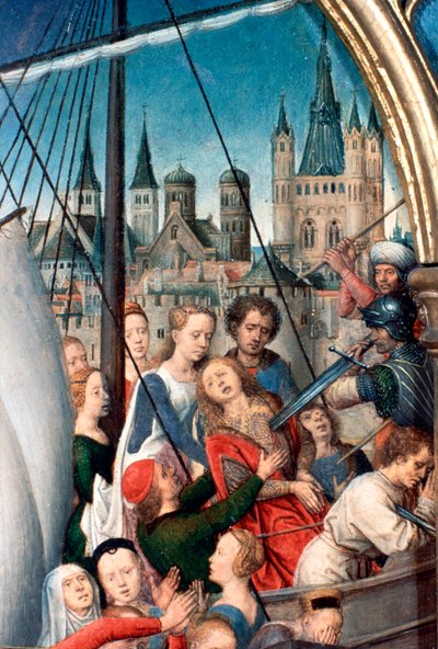 Pyhän Ursulan pyhäkkö, marttyyrikuolema, yksityiskohta, 1489 tekijältä Hans Memling