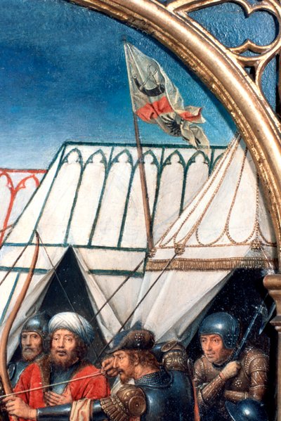 Pyhän Ursulan pyhäkkö, marttyyrikuolema Kölnissä, yksityiskohta, 1489 tekijältä Hans Memling