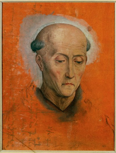 Tutkimus Pyhän Benedictuksen päätä varten, joka on maalattu Bruggen Morelin perheen alttarille .... tekijältä Hans Memling