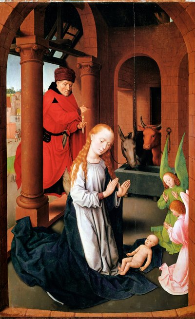 Syntymä. Palvonnan triptyykin vasen paneeli (Detrempe puulla, n. 1470) tekijältä Hans Memling