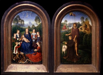 Neitsyt ja lapsi Saintesin, lahjoittajan ja Pyhän Johannes Kastajan diptyykki ympäröimänä - Hans Memlingin (1435-1494) maalaus (ec flam) 1400-luvun Pariisi, Louvre-museo tekijältä Hans Memling