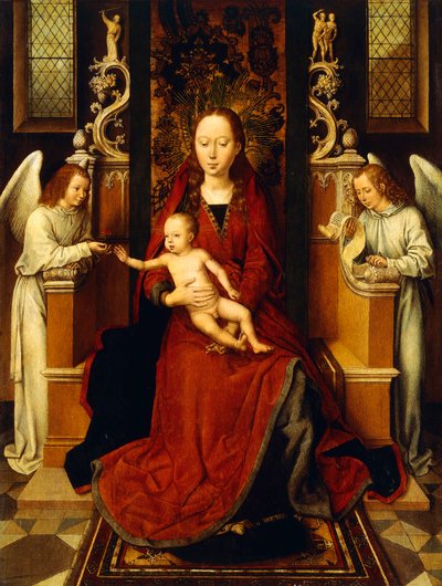 Neitsyt ja lapsi valtaistuimella kahden enkelin kanssa, tekijältä Hans Memling