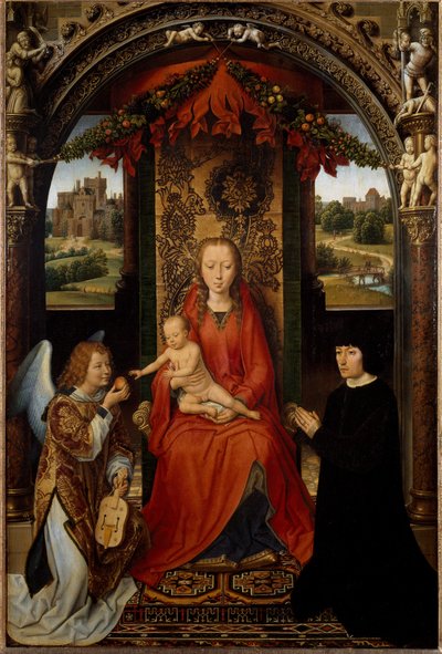 Neitsyt ja lapsi lahjoittajan ja muusikkoenkelin kanssa. (Maalaus, n. 1485) tekijältä Hans Memling