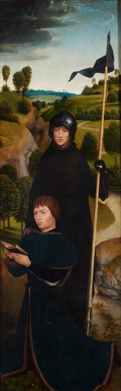 Nuori mies rukoilemassa Pyhän Vilhelm Malevalin kanssa tekijältä Hans Memling