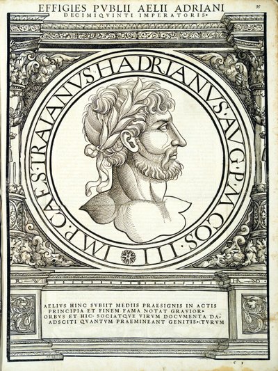 Aelius Hadrianus, kuvitus koko idän ja lännen Rooman keisareilta, todenmukaisimmat kuvat muinaisista kolikoista, puupiirros Rudolph Wyssenbach, paina Andreas Gesner, Zuri tekijältä Hans Rudolf Manuel Deutsch