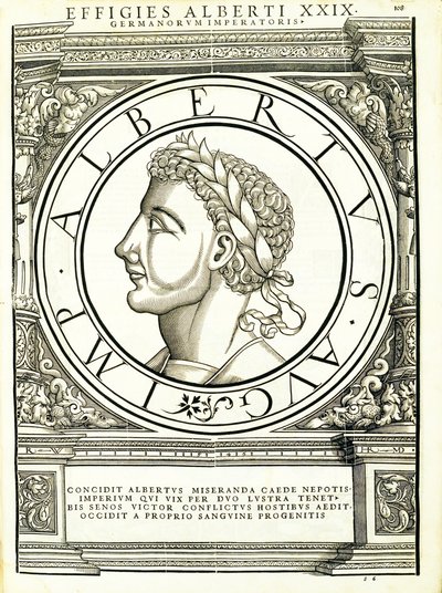 Albert I, kuvitus teoksesta "Kaiken idän ja lännen Rooman keisarit", Rudolph Wyssenbachin puupiirros, paina Andreas Gesner, Zürich tekijältä Hans Rudolf Manuel Deutsch