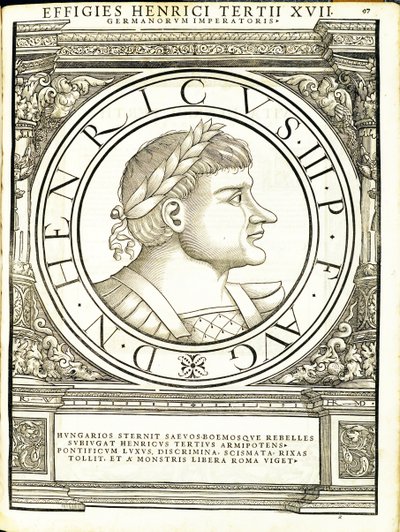 Henrik III, kuvitus teoksesta "Kaiken idän ja lännen Rooman keisarit", Rudolph Wyssenbachin puupiirros, paina Andreas Gesner, Zürich tekijältä Hans Rudolf Manuel Deutsch