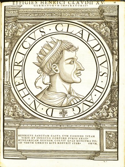 Henry II Claudus, kuvitus koko idän ja lännen Rooman keisareilta aidoimmilla muinaisten kolikoiden kuvilla, Rudolph Wyssenbachin puupiirros, Andreas Gesner, Z. tekijältä Hans Rudolf Manuel Deutsch