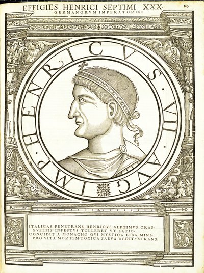 Henrik VII, kuvitus teoksesta "Kaiken idän ja lännen Rooman keisarit", Rudolph Wyssenbachin puupiirros, paina Andreas Gesner, Zürich tekijältä Hans Rudolf Manuel Deutsch