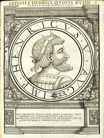 Henrik V, kuvitus teoksesta "Kaiken idän ja lännen Rooman keisarit", Rudolph Wyssenbachin puupiirros, paina Andreas Gesner, Zürich tekijältä Hans Rudolf Manuel Deutsch