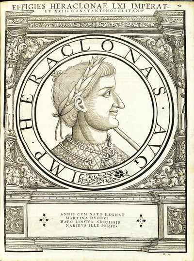 Heraclonas, kuvitus teoksesta "Kaiken idän ja lännen Rooman keisarit", Rudolph Wyssenbachin puupiirros, paina Andreas Gesner, Zürich tekijältä Hans Rudolf Manuel Deutsch