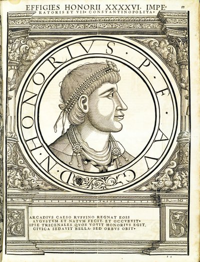 Honorius, kuvitus teoksesta "Kaiken idän ja lännen Rooman keisarit", Rudolph Wyssenbachin puupiirros, Andreas Gesner, Zürich, 15 tekijältä Hans Rudolf Manuel Deutsch