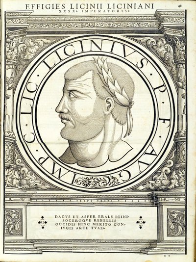 Licinius I, kuvitus teoksesta "Kaiken idän ja lännen Rooman keisarit", Rudolph Wyssenbachin puupiirros, paina Andreas Gesner, Zürich tekijältä Hans Rudolf Manuel Deutsch