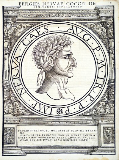 Nerva, kuvitus teoksesta "Imperatorum romanorum omnium orientalium et occidentalium verissimae imagines ex antiquis numismatis", Rudolph Wyssenbachin tekemä puupiirros, Andreas Gesnerin painama, Zürich, 1559. tekijältä Hans Rudolf Manuel Deutsch