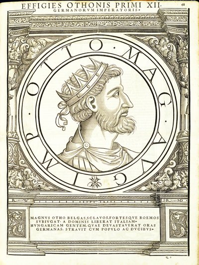 Otho I Magnus, kuvitus teoksesta "Kaiken idän ja lännen Rooman keisarit", Rudolph Wyssenbachin puupiirros, paina Andreas Gesner, Zuric tekijältä Hans Rudolf Manuel Deutsch