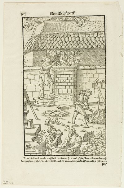 Sivu CCCL Agricolan kirjasta Vom Bergwerck XII Bücher, levy 43 kirjasta Woodcuts from Books of the XVI Century. tekijältä Hans Rudolf Manuel Deutsch