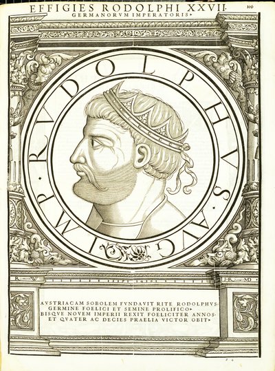 Rodolphus, kuvitus teoksesta "Imperatorum romanorum omnium orientalium et occidentalium verissimae imagines ex antiquis numismatis", Rudolph Wyssenbachin puupiirros, Andreas Gesnerin painama, Zürich, 1 tekijältä Hans Rudolf Manuel Deutsch