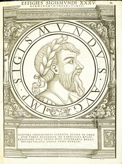 Sigismundus, kuvitus teoksesta "Imperatorum romanorum omnium orientalium et occidentalium verissimae imagines ex antiquis numismatis", Rudolph Wyssenbachin puupiirros, painanut Andreas Gesner, Zürich, tekijältä Hans Rudolf Manuel Deutsch