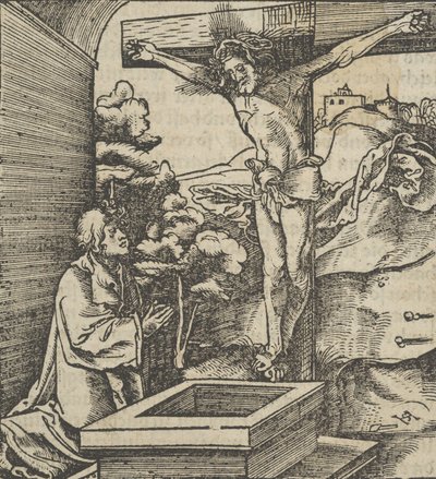 Mies rukoilemassa krusifiksin edessä, kirjasta Hymmelwagen auff dem, wer wol Leben..., 1517. tekijältä Hans Schäufelein the Elder