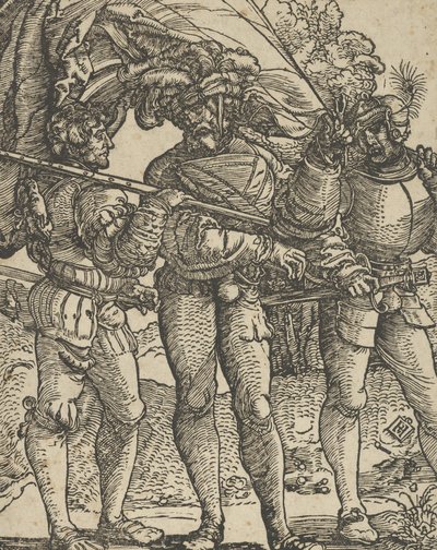 Standard-Bearer, jonka molemmilla puolilla on Lansquenet. tekijältä Hans Schäufelein the Elder