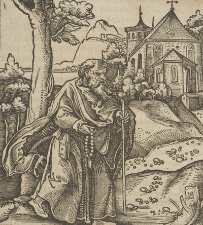 Vanha pyhiinvaeltaja kävelee oikealle, Hymmelwagen auff dem, wer wol Leben..., 1517. tekijältä Hans Schäufelein the Elder