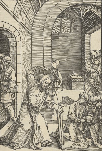 Kristus puhdistaa temppelin, Herramme Jeesuksen Kristuksen kärsimyksen peilistä, 1507. tekijältä Hans Schäufelein the Elder
