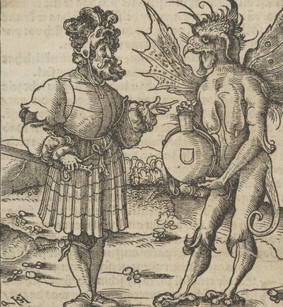 Paholainen, joka tarjoaa myrkkyä ritarille, kirjasta Hymmelwagen auff dem, wer wol leben..., 1517. tekijältä Hans Schäufelein the Elder