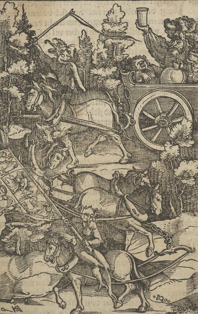 Humaltunut mies vaunuissa matkalla helvettiin, Hymmelwagenista kuka elää....., 1517. tekijältä Hans Schäufelein the Elder
