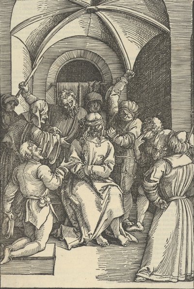 Kristuksen pilkkaaminen Herramme Jeesuksen Kristuksen kärsimyksen peilistä, 1507. tekijältä Hans Schäufelein the Elder