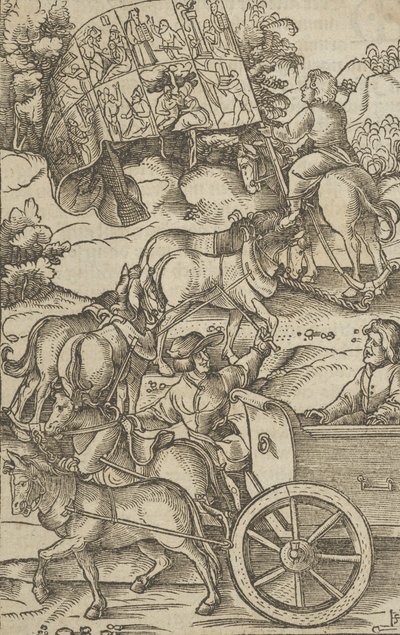 Hyveellinen mies vaunuissa matkalla taivaaseen, kirjasta Hymmelwagen auff dem, wer wol leb..., 1517. tekijältä Hans Schäufelein the Elder