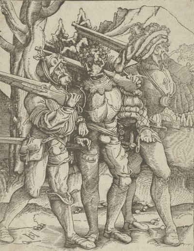 Kolme sotilasta muskettien kanssa, n. 1511-15. tekijältä Hans Schäufelein the Elder