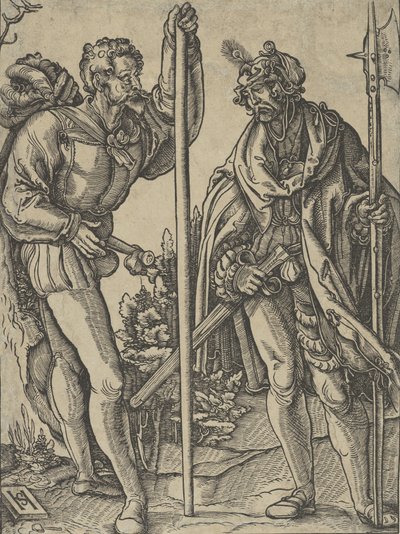 Kaksi sotilasta Lancen ja Halberdin kanssa keskustelemassa, n. 1515. tekijältä Hans Schäufelein the Elder