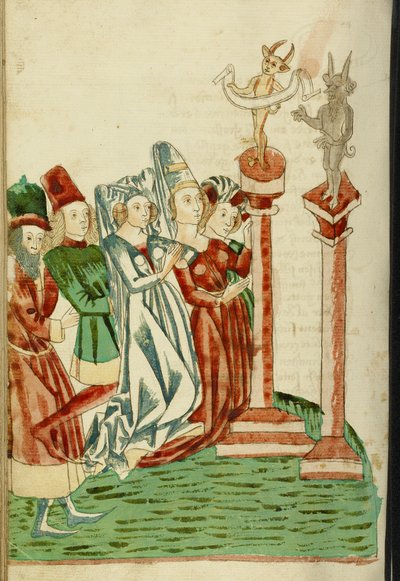 Ryhmä miehiä ja naisia palvoo kahta epäjumalaa, 1469 (muste, pesut ja tempera paperille) tekijältä Hans Schilling