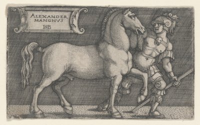 Aleksanteri Suuri johtava Bukefalus, n. 1531-1550 (kaiverrus) tekijältä Hans Sebald Beham