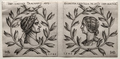Keisari Trajanuksen ja Domitia Calvillan rintakuvat, 1546. tekijältä Hans Sebald Beham